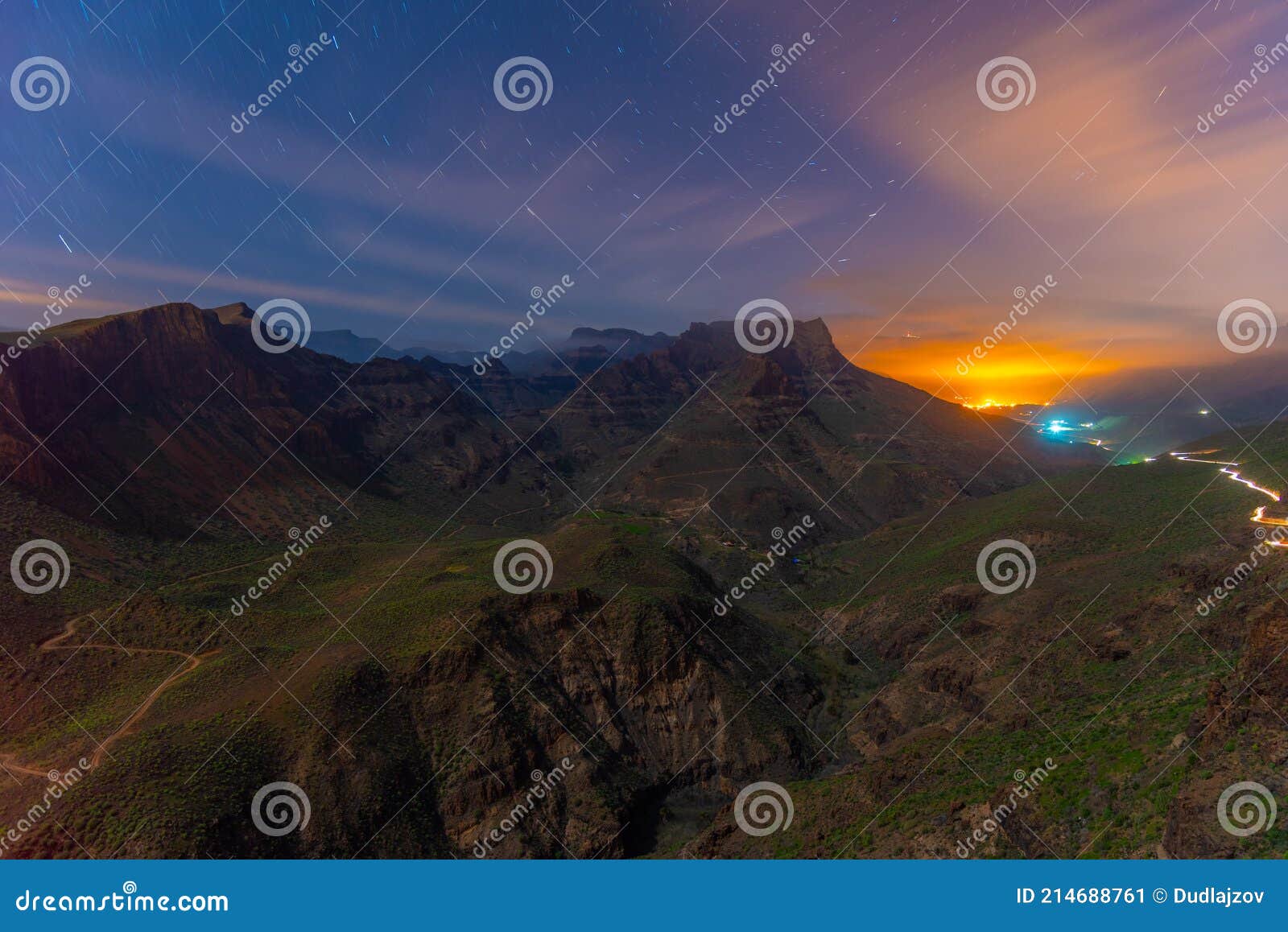 sunset view of degollada de la yegua viewpoint at gran canaria, canary islands, spain