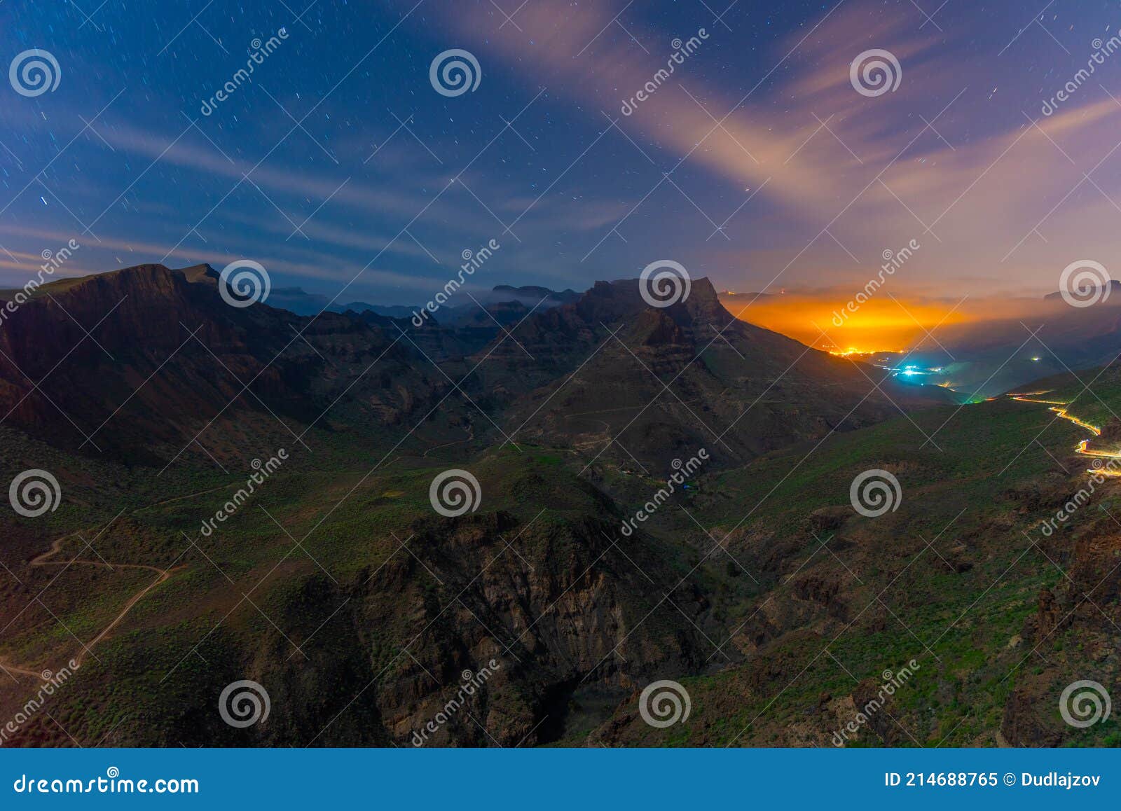 sunset view of degollada de la yegua viewpoint at gran canaria, canary islands, spain