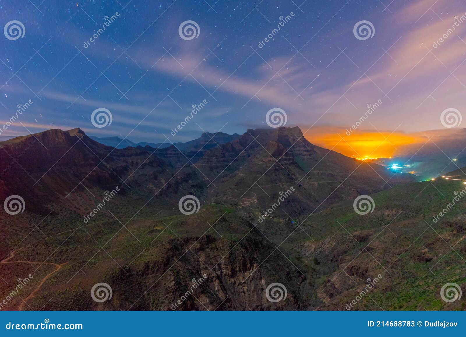 sunset view of degollada de la yegua viewpoint at gran canaria, canary islands, spain