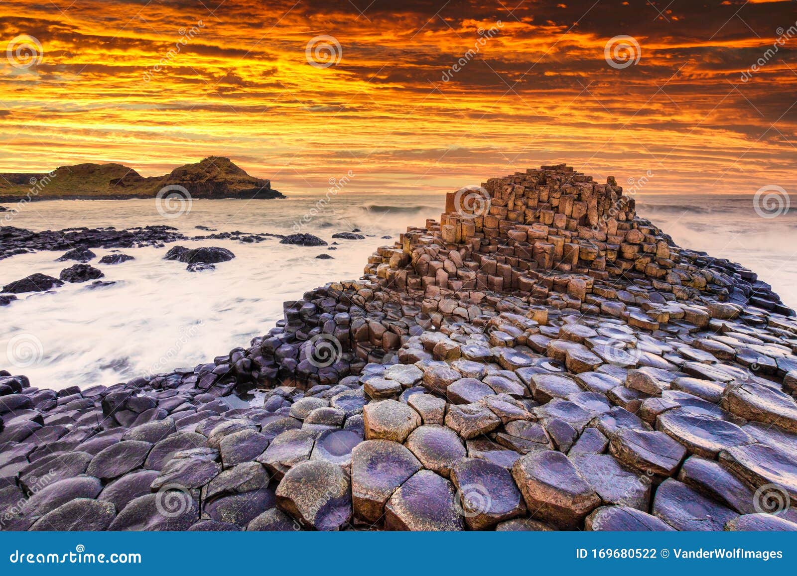 sunset view on the giants causeway in northern ireland