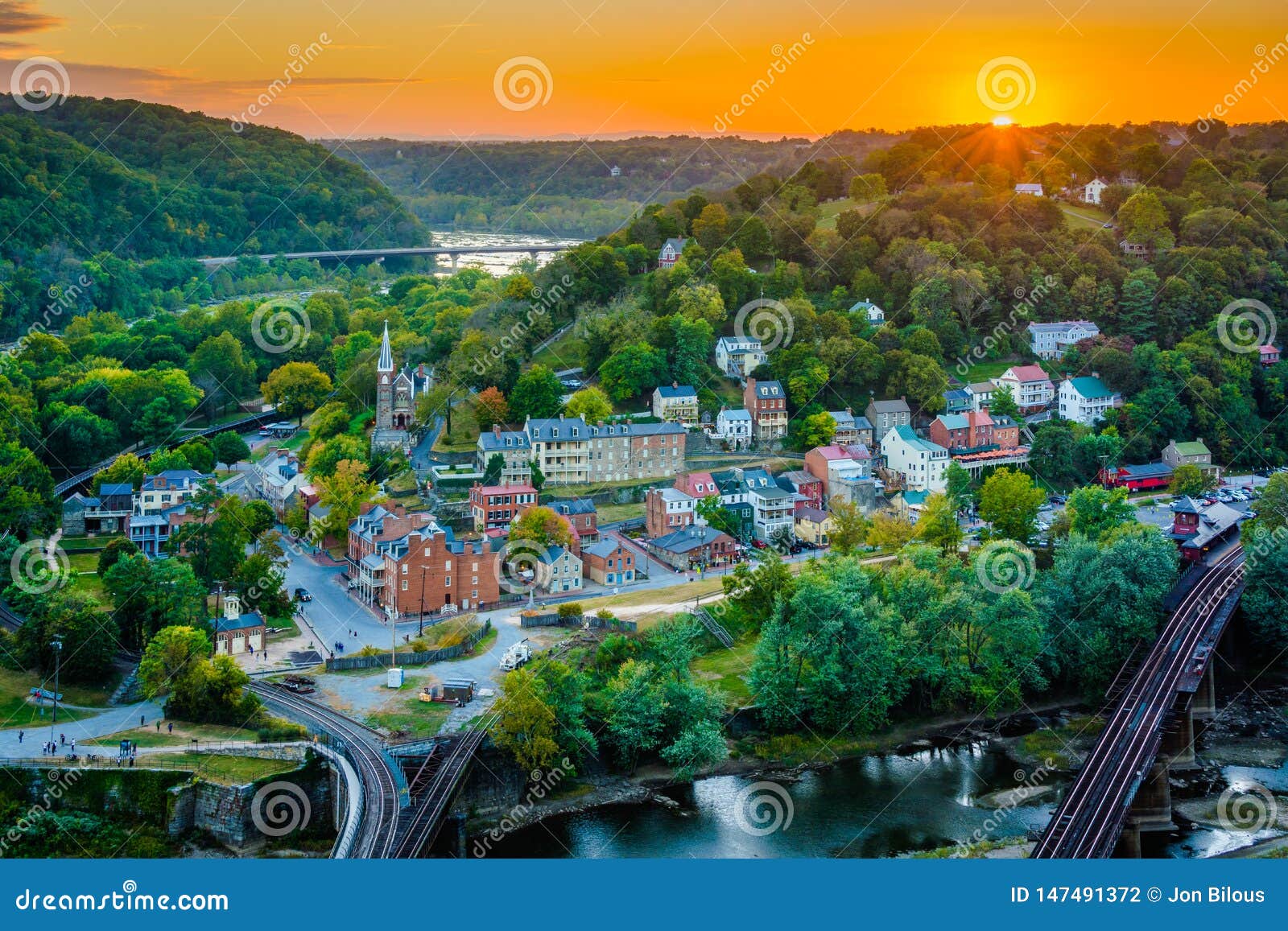 sunset view of harpers ferry, west virginia from maryland heights
