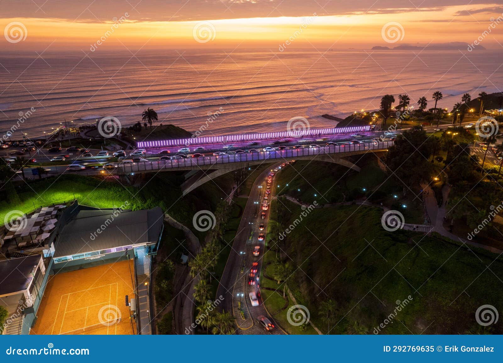 sunset view from la bajada de balta in miraflores, in the city of lima
