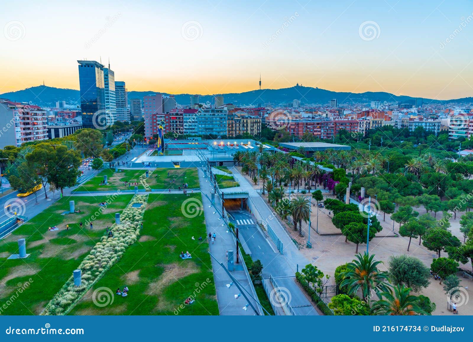 sunset view of parc of joan miro in barcelona, spain