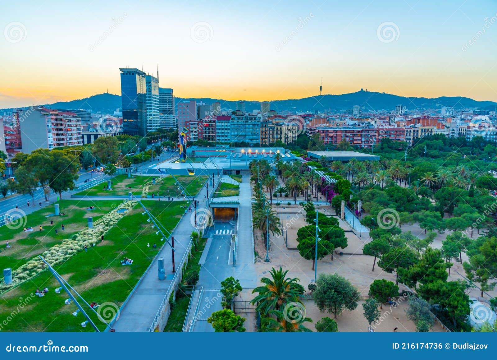 sunset view of parc of joan miro in barcelona, spain