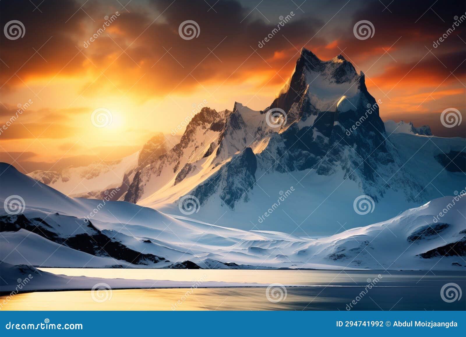 sunsets warmth embraces the snow draped mountain range in peaceful grandeur