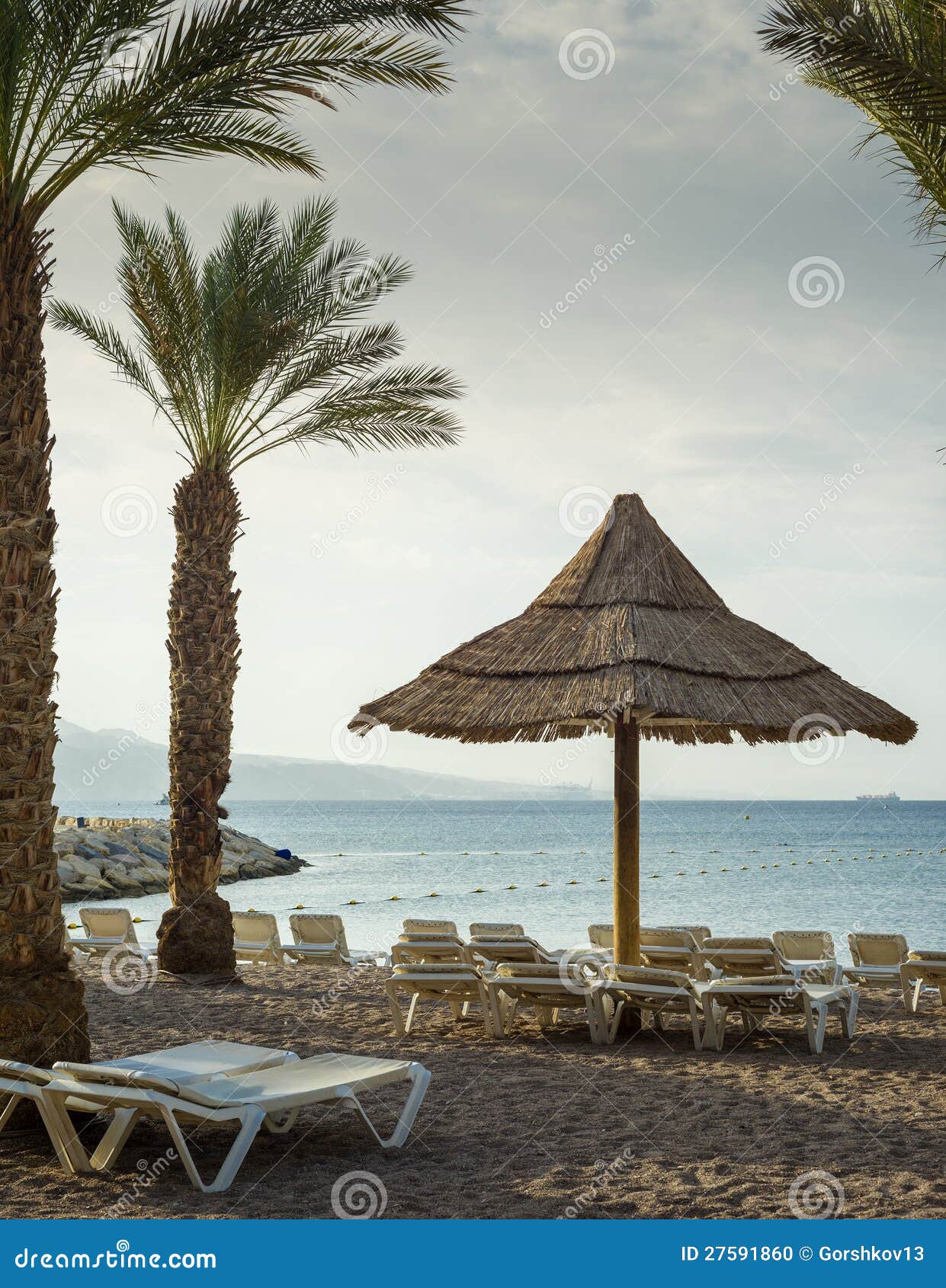 Sunshade, Beds and Pier in Eilat, Israel Stock Photo Image of