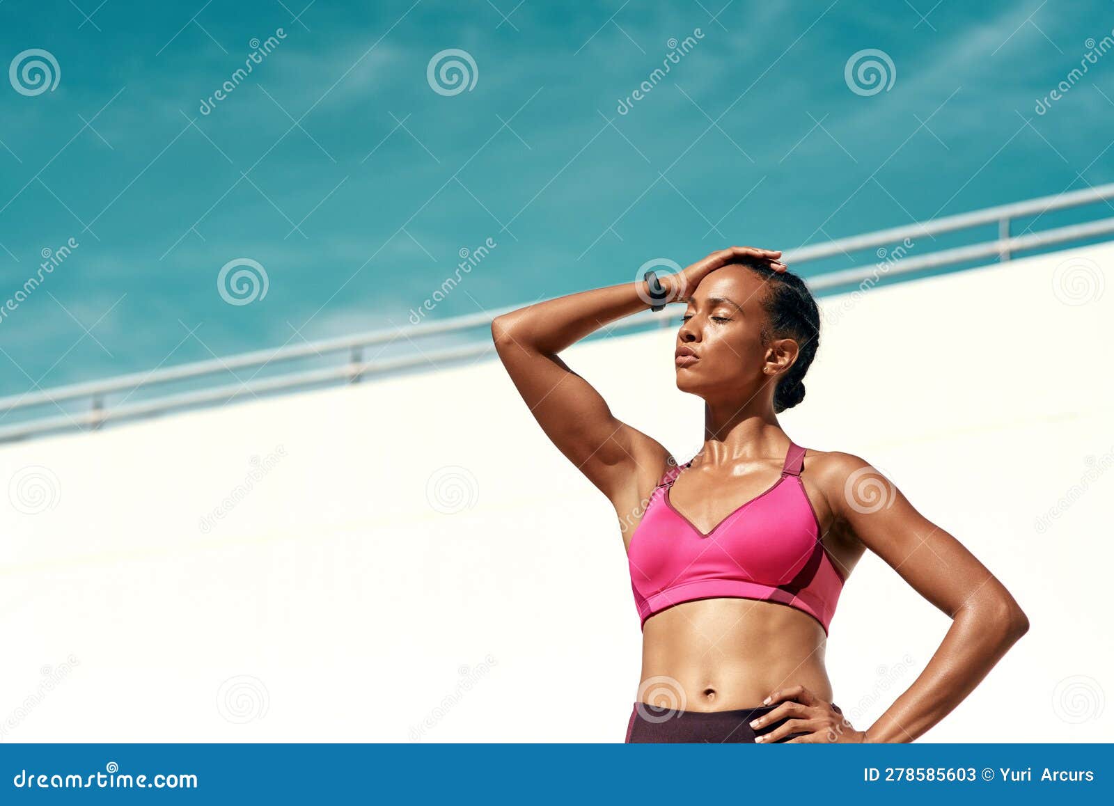 Sunshine, Fitness and Relax, Woman with Mockup on Blue Sky at