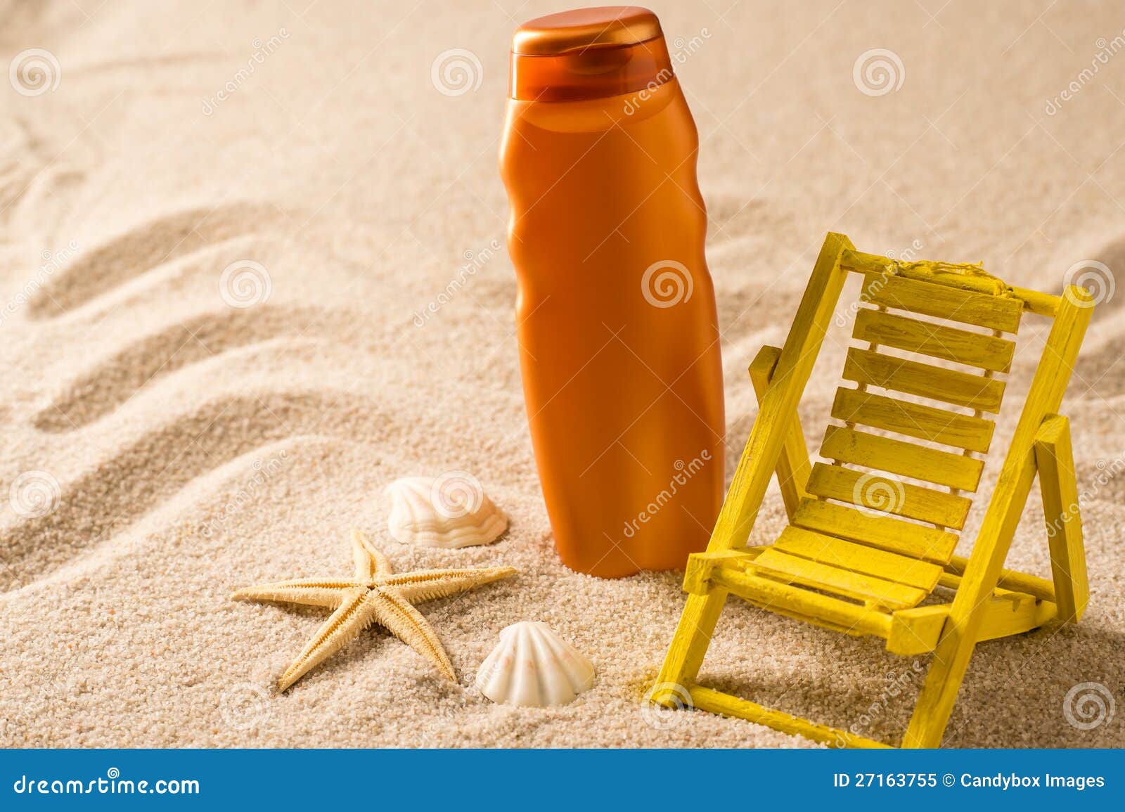 Suntan Lotion Container and Seashells on Sand Stock Image Image of