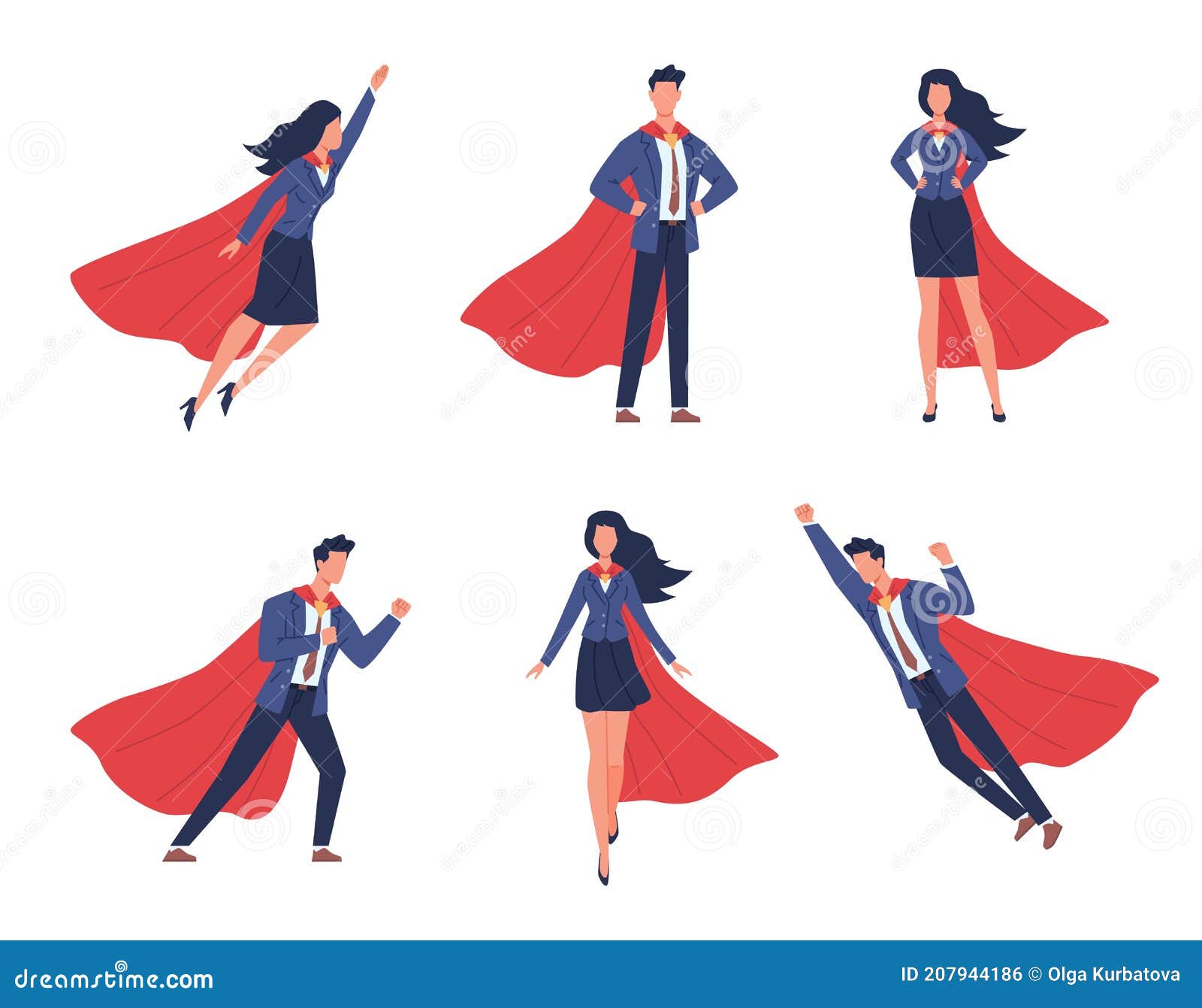 super businessman characters. business man and woman in different heroic poses, brave people, flying heroes in flowing