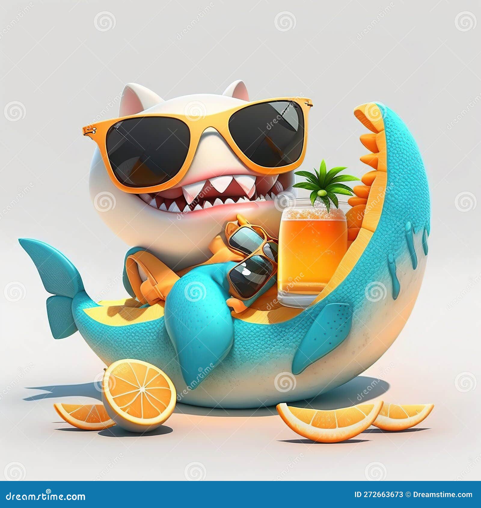a super cute baby shark lying down on a shell hamaca, in an island, drinking orange juice, wearing sunglasses, generative ai