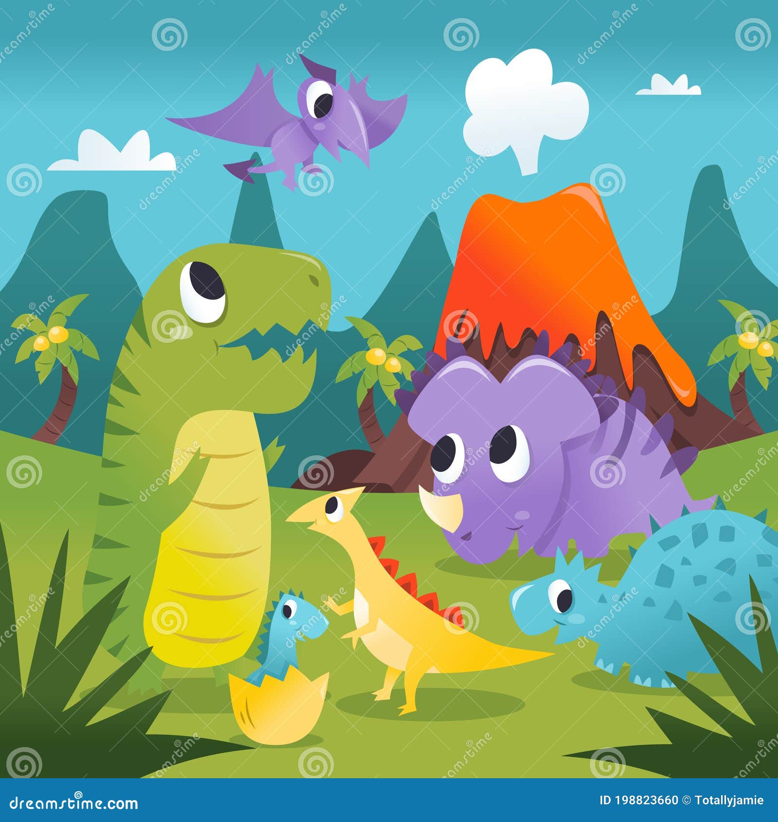 Super Cute Cartoon Dinosaurs Prehistoric Scene Stock Vector - Illustration  of animal, decor: 198823660