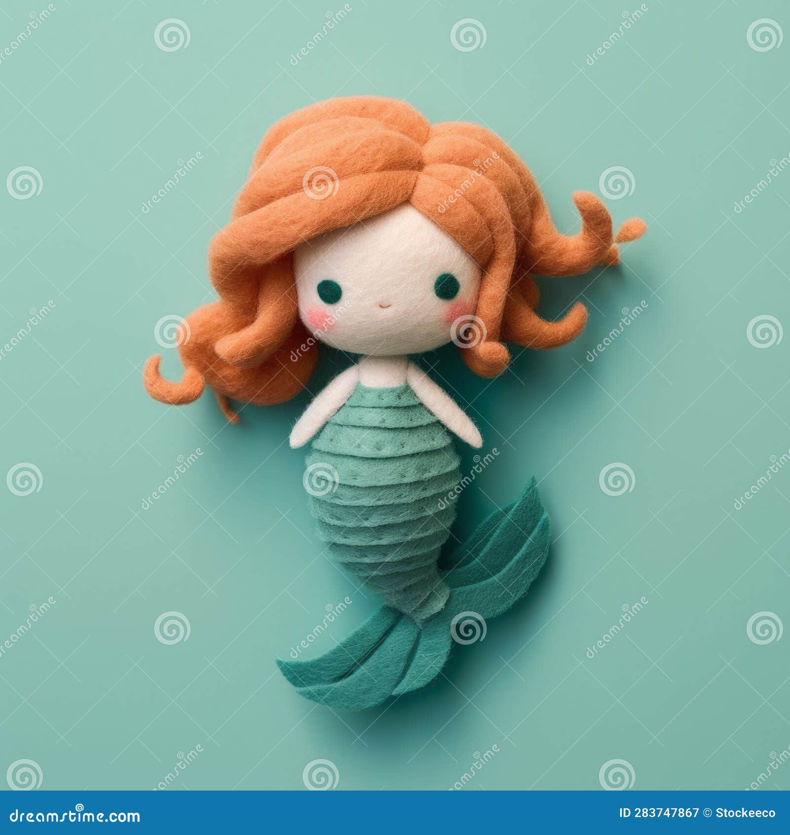 Super Cute Felt Mermaid with Curly Red Hair and Green Tail Stock