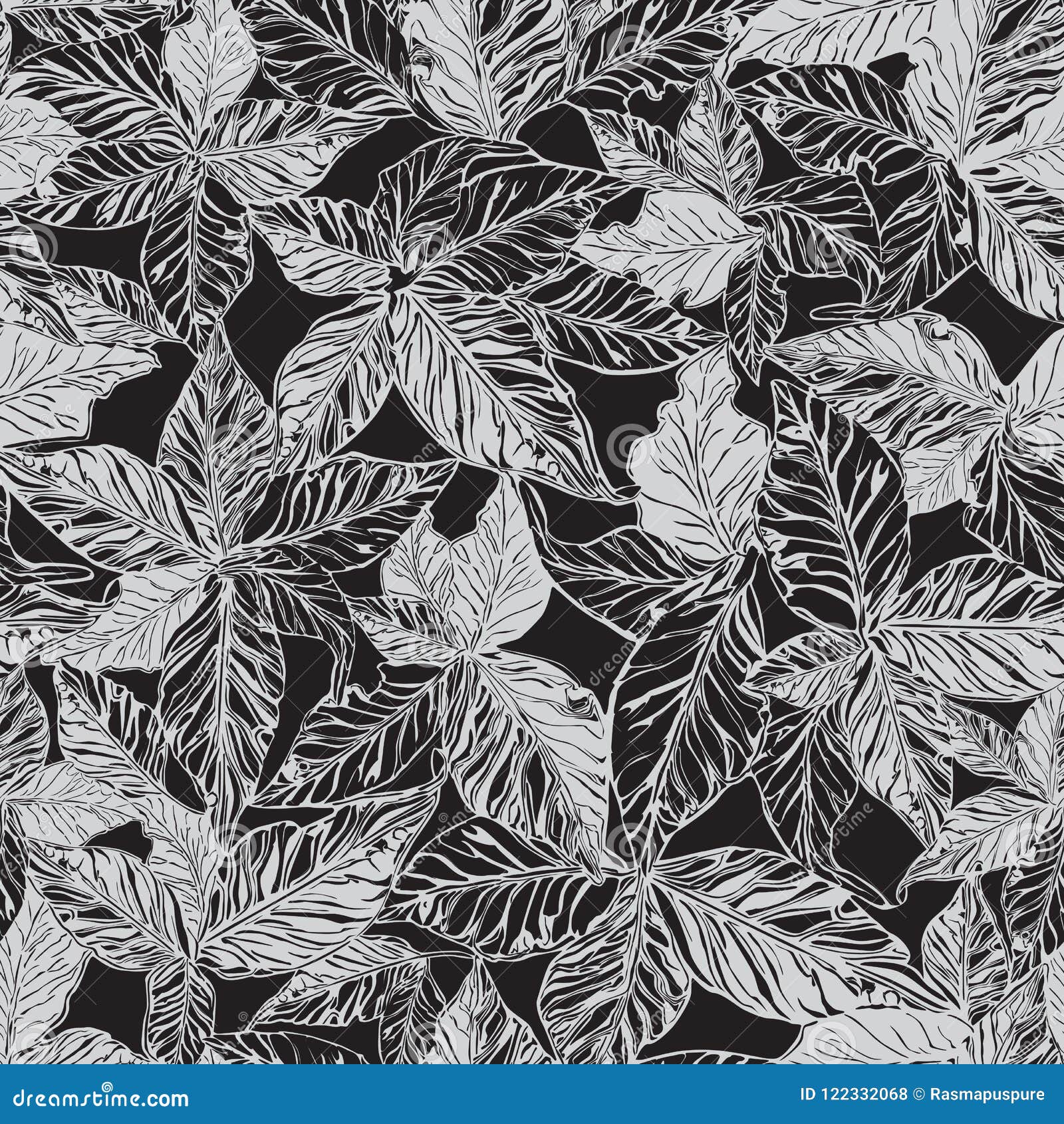 Super Detailed Leaf Seamless Pattern in Black and Grey Stock Vector