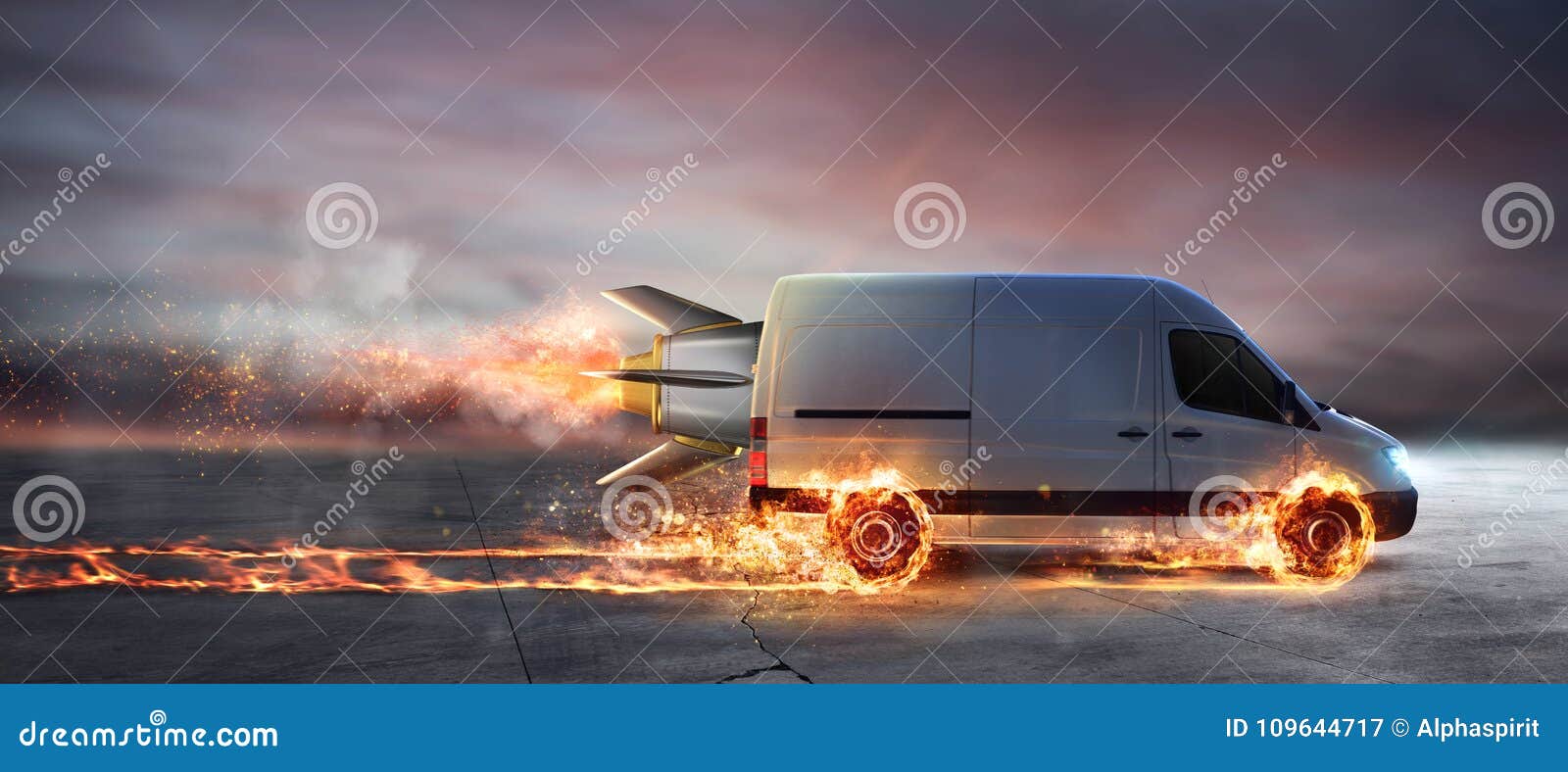 super fast delivery of package service with van with wheels on fire