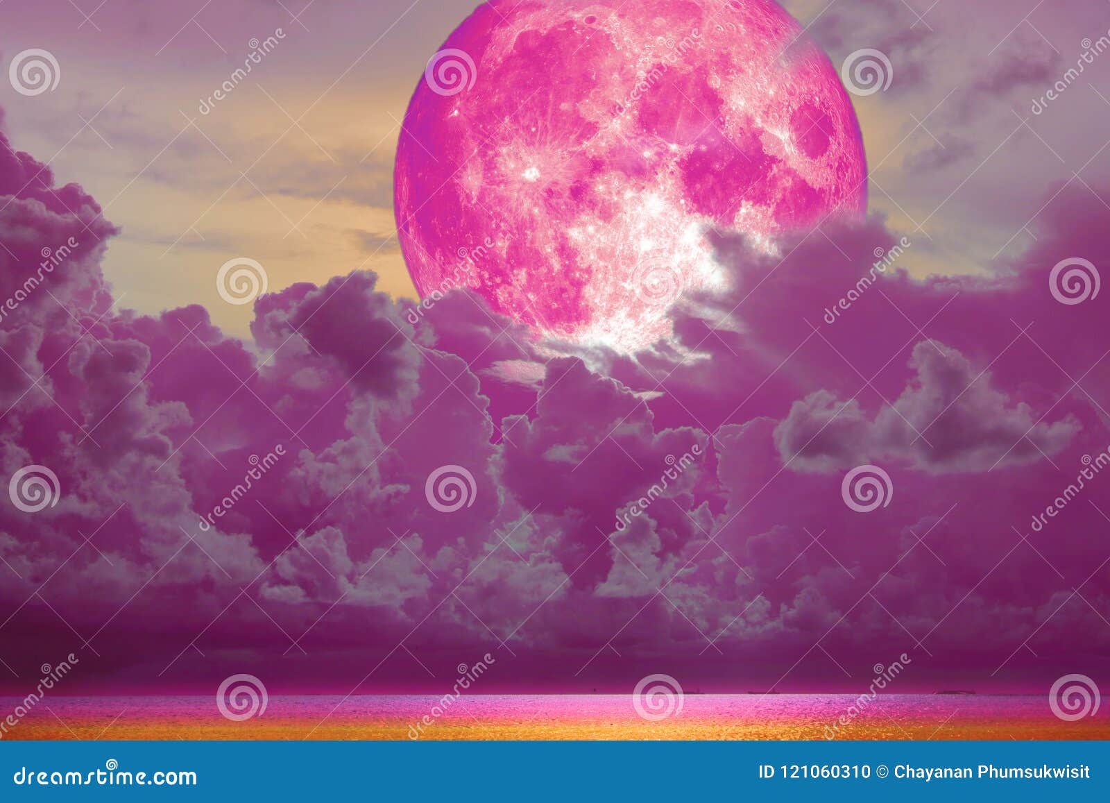 super full pink moon back magenta cloud over the sea
