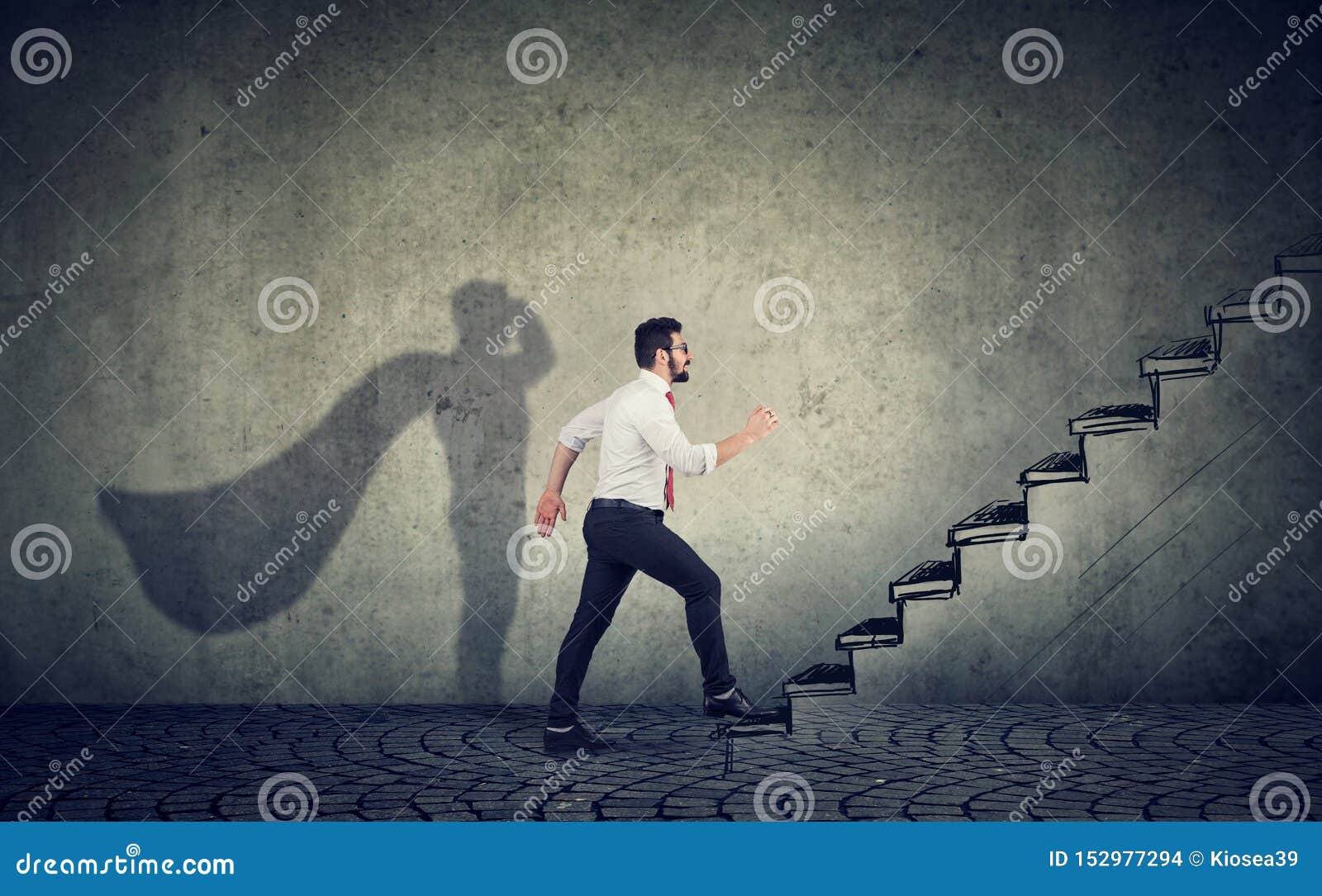 super hero business man stepping up on stairs climbing to success