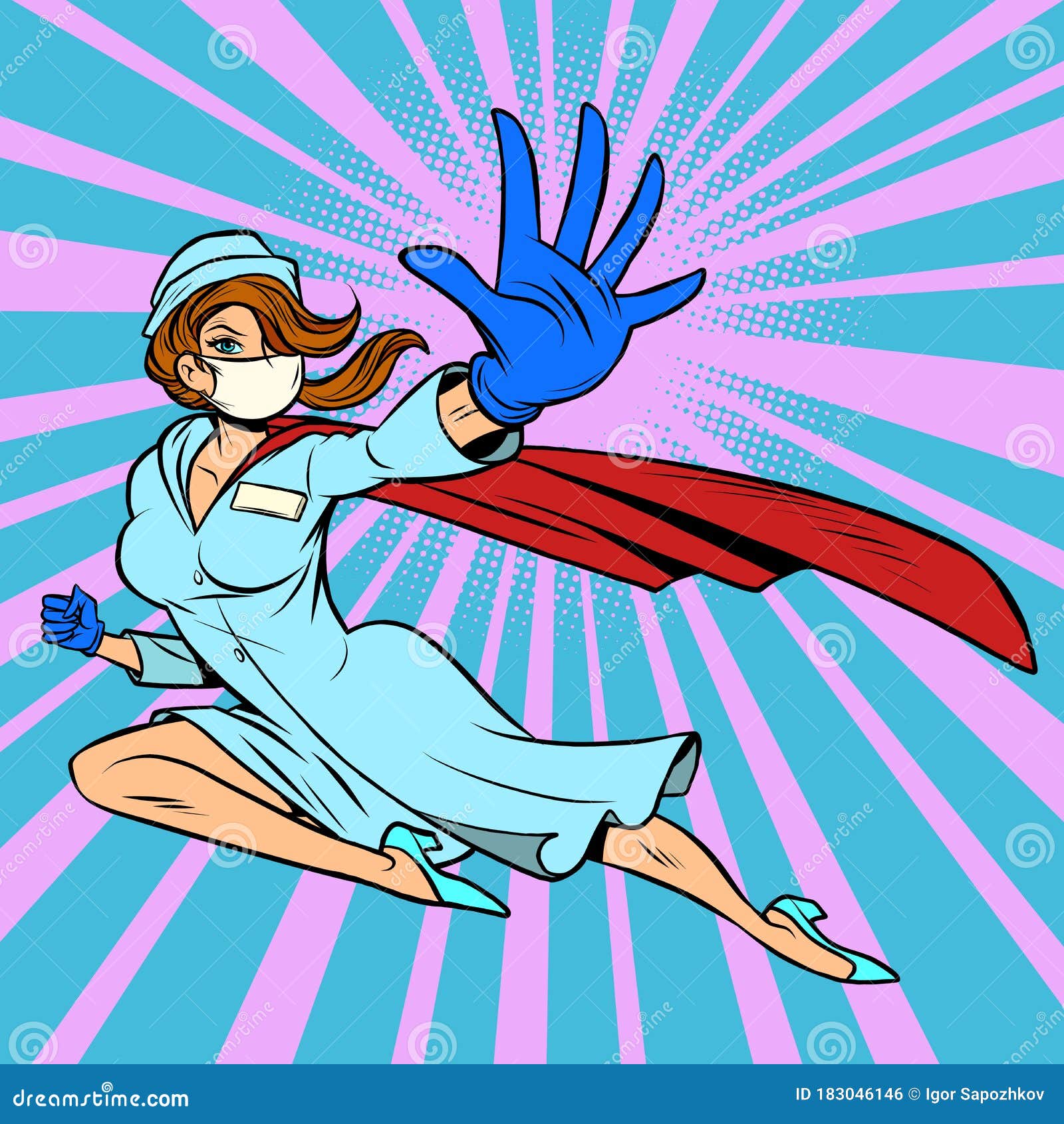 Super hero nurse flies and protects from the epidemic. 
