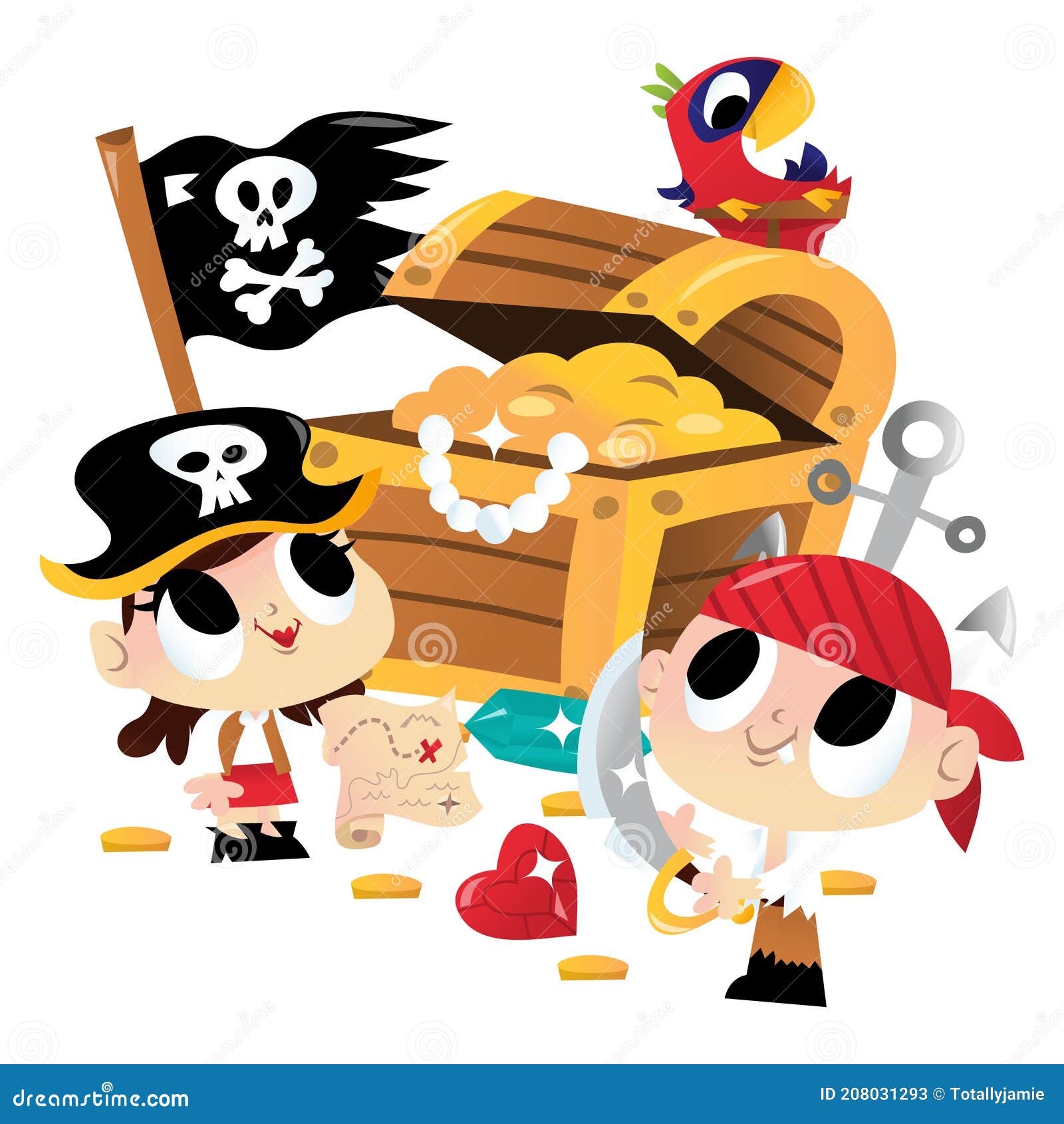 Super Lindo Pirata Niños Tesoro Cofre Stock de ilustración - Ilustración de  botella, joven: 208031293