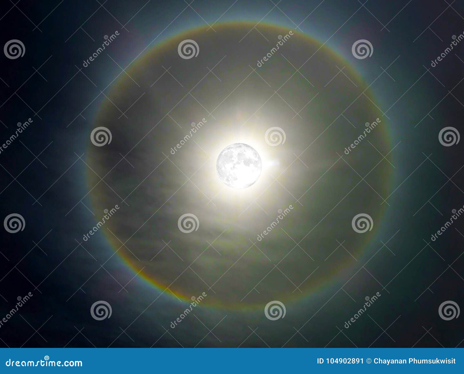Super Moon and Rainbow Ring Around in Dark Sky Stock Image Image of