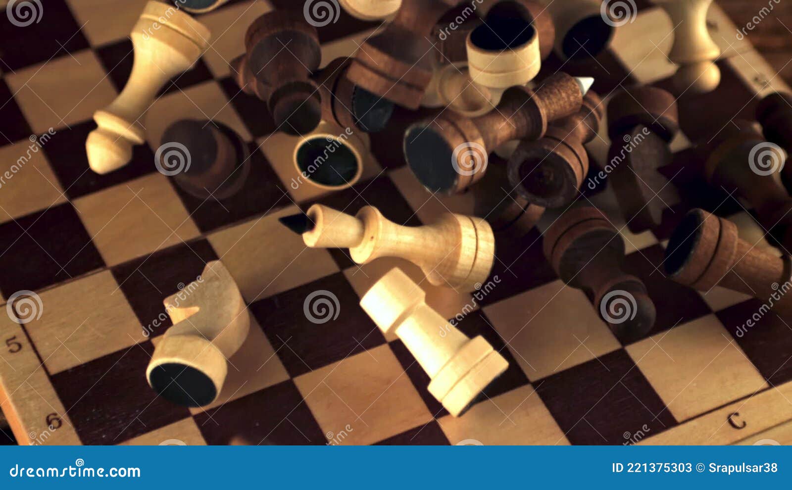 Super Slow Motion on the Chessboard Fall Wooden Chess Pieces