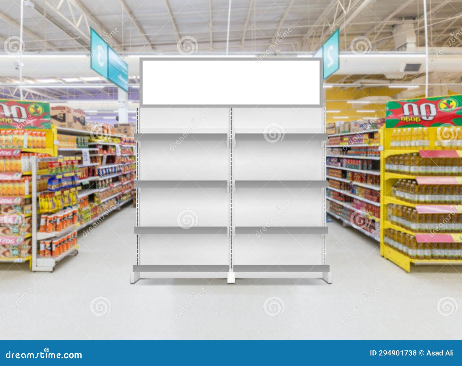 Super Store Product Display End Cap. Aisle 3d Illustration. Stock