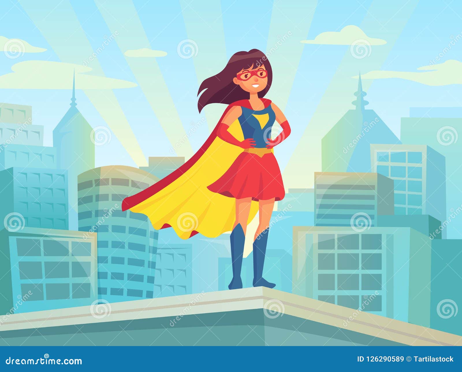 super woman watching city. wonder hero girl in suit with cloak at town roof. comic female superhero on cityscape 