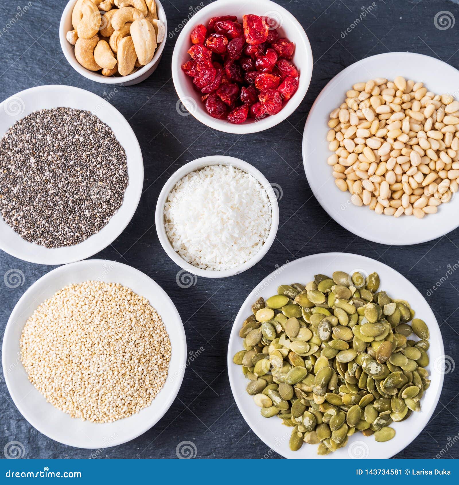 Superfoods in Bowls on Blue Background Stock Image Image of pattern