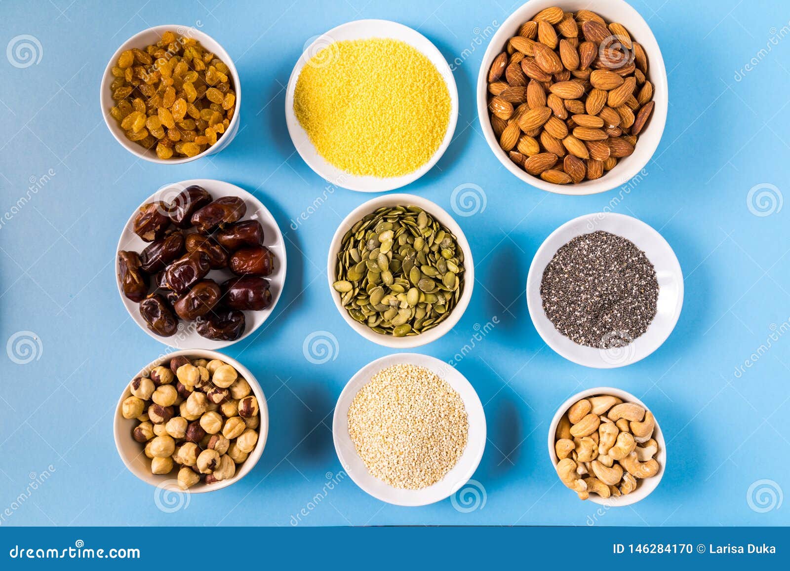 Superfoods in Bowls on Blue Background Stock Photo Image of almond