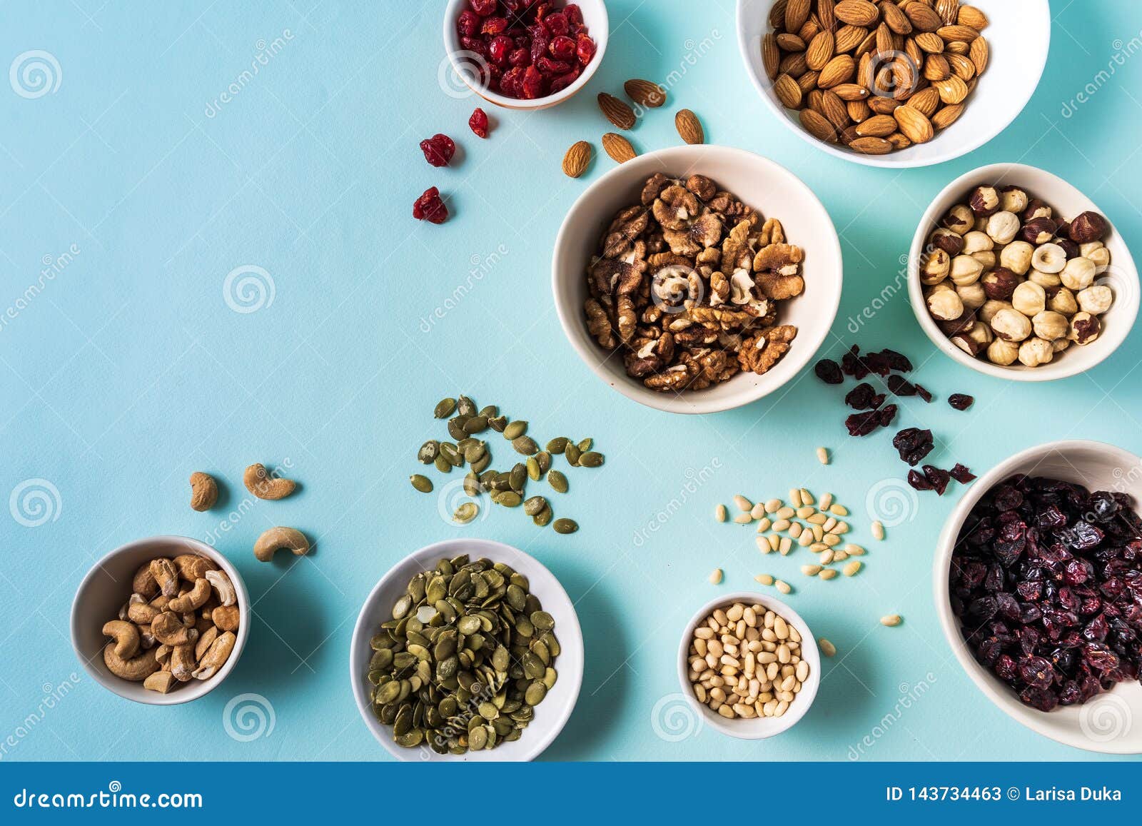 Superfoods in Bowls on Blue Background Stock Image Image of dried