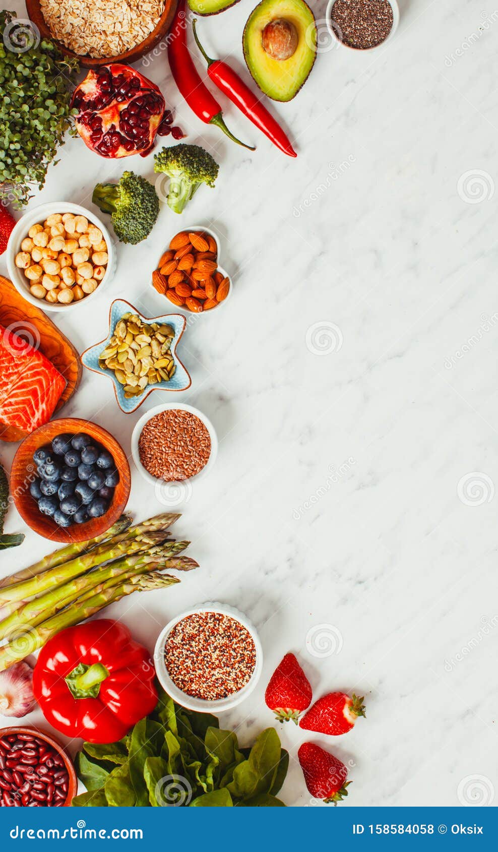 Superfoods on White Background. Healthy Nutrition Top View Stock Photo -  Image of chia, bean: 158584058