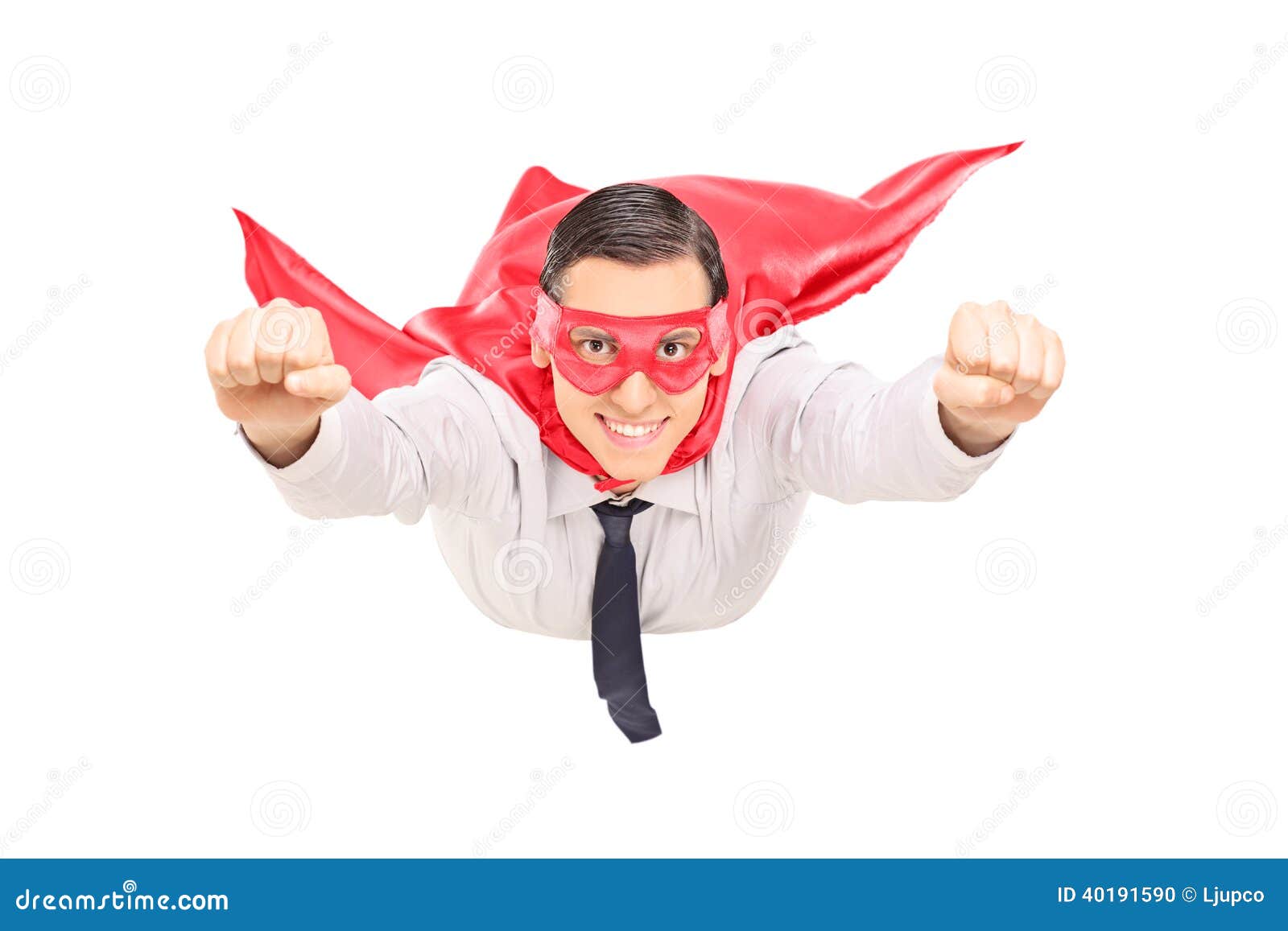 Superheld mit rotem Kapfliegen lokalisiert auf weißem Hintergrund