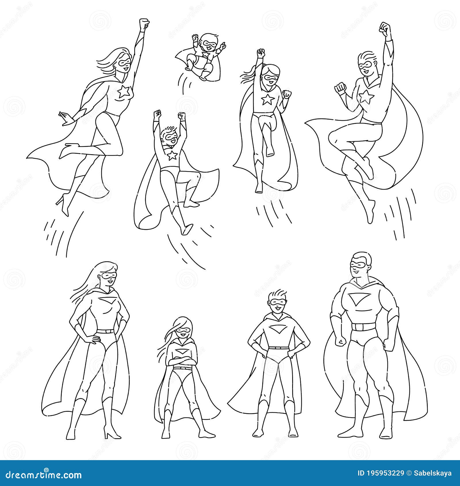 Superhero Family Characters in Outline Style Set Vector Illustration  Isolated. Stock Vector - Illustration of cloak, character: 195953229