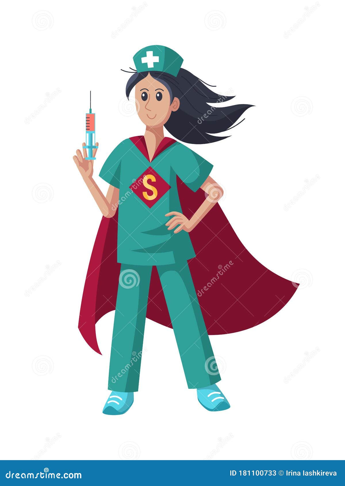 Superhero Nurse Doctor In Scrubs Flying Super Hero Cartoon Vector