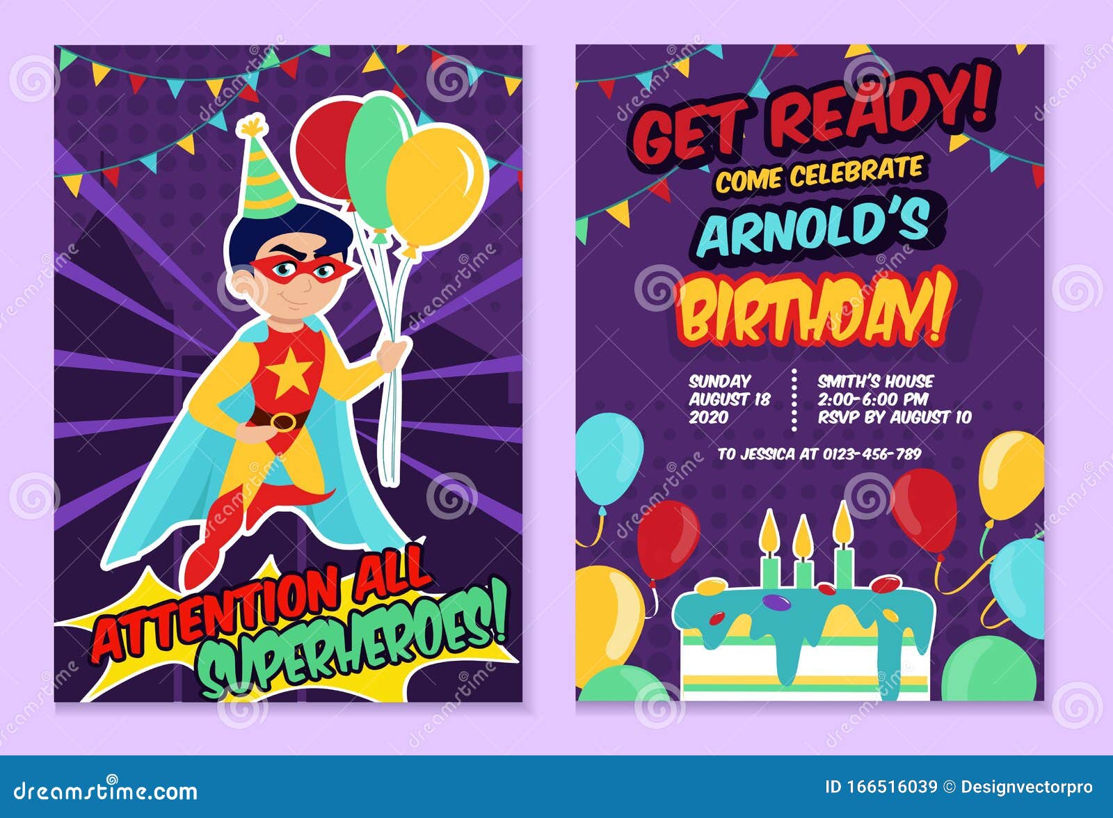 Superhero Party Festive Template With Cute Boy Stock Vector Regarding Superhero Birthday Card Template