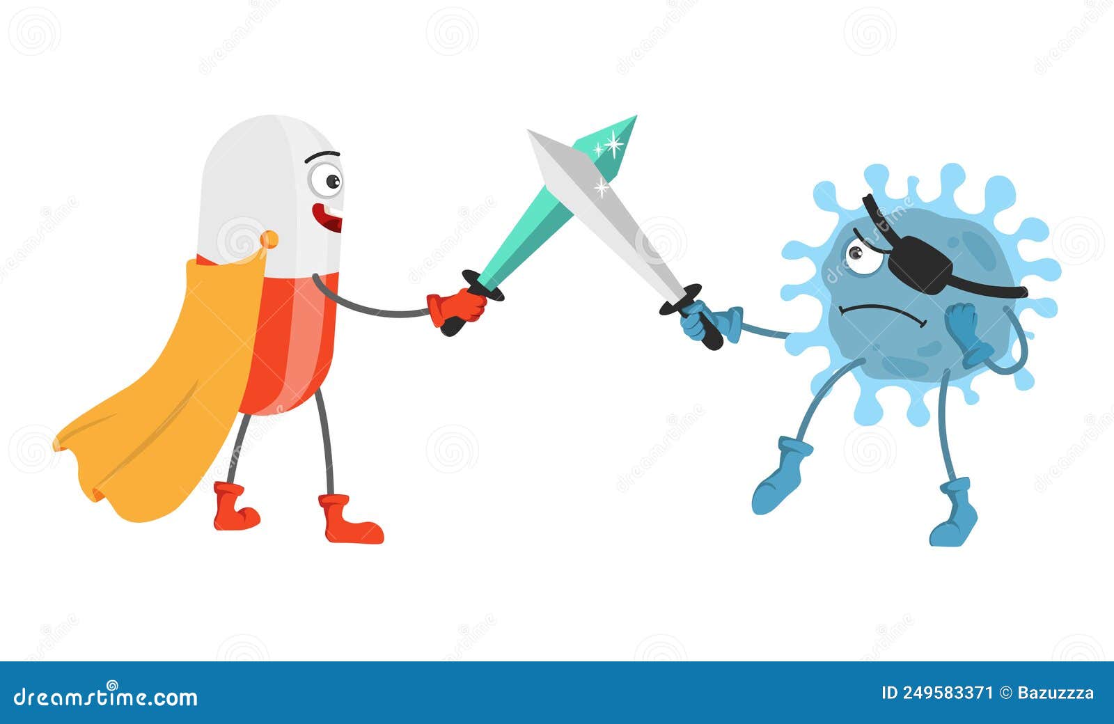 Superhero Pill Fighting Against Virus With Sword Stock Vector Illustration Of Bacteria Tablet