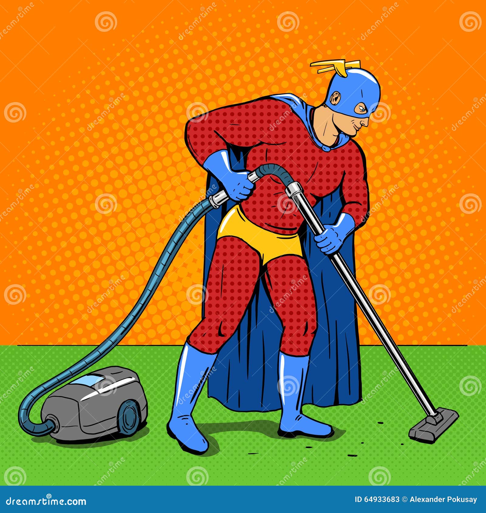 Superhero with Vacuum Cleaner Pop Art Vector Stock Vector