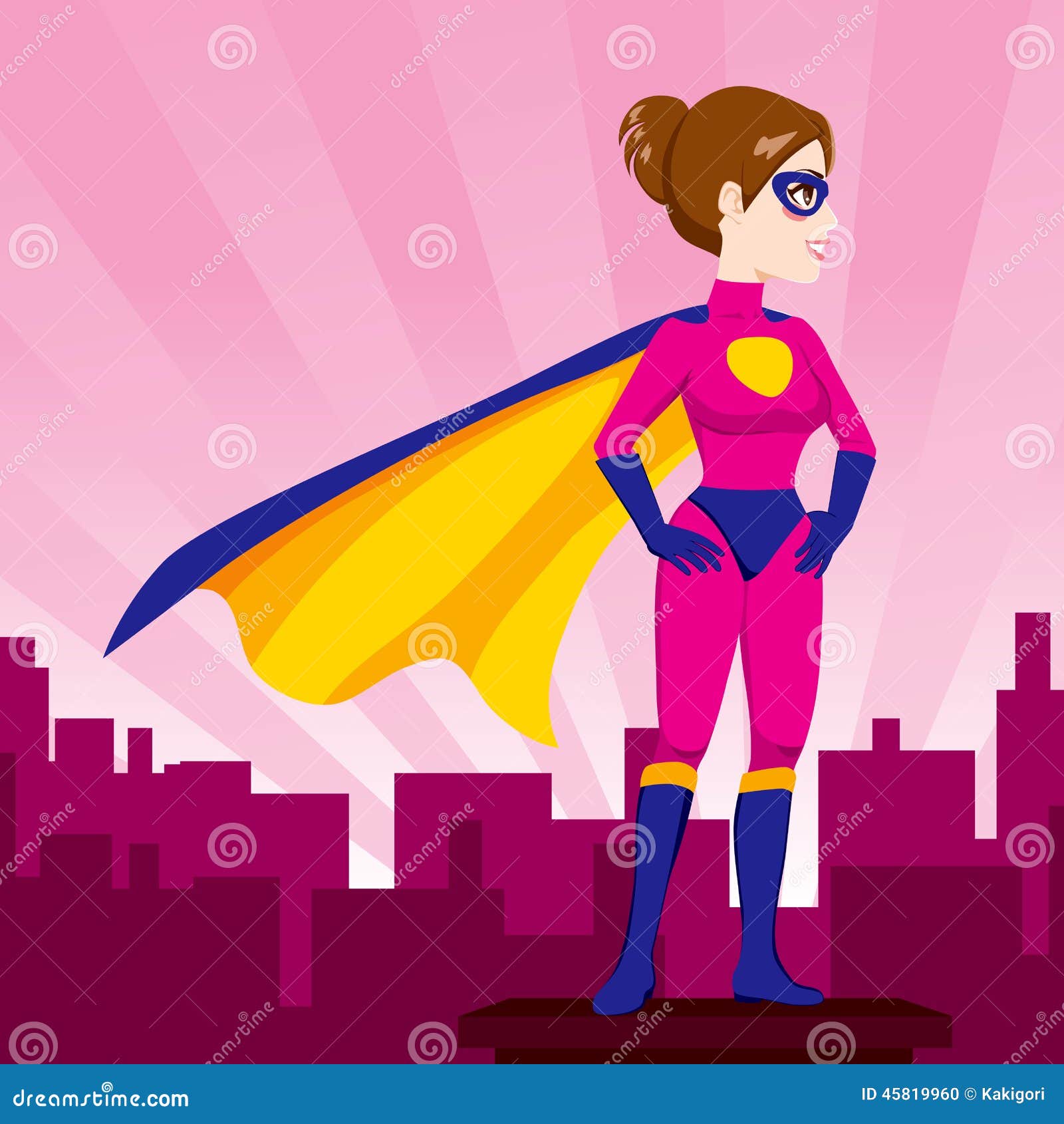 Woman superhero cartoon character. Wonder woman with cape of superman.  Confident business lady focused on success. Flat beautiful female super  hero Stock Vector