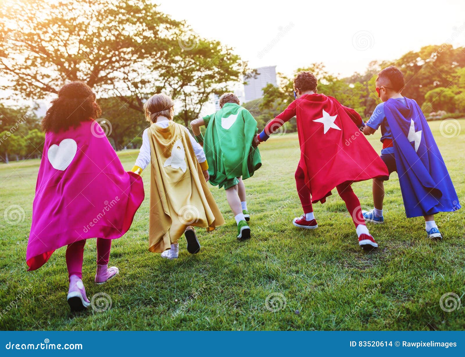 superheroes cheerful kids expressing positivity concept