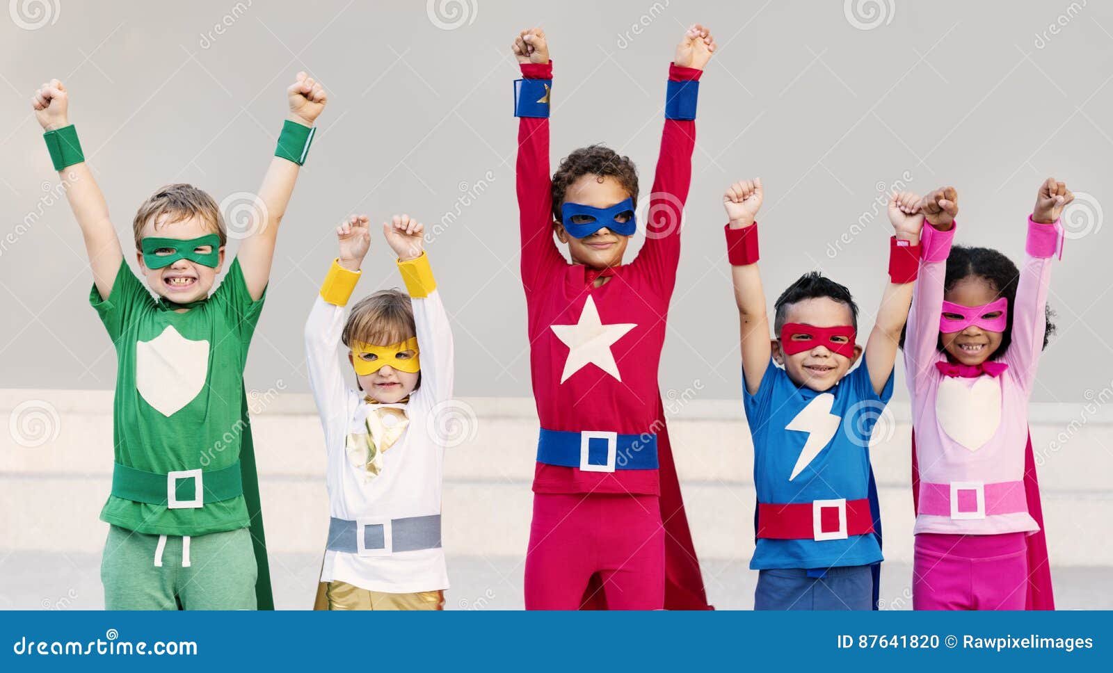 superheroes cheerful kids expressing positivity concept