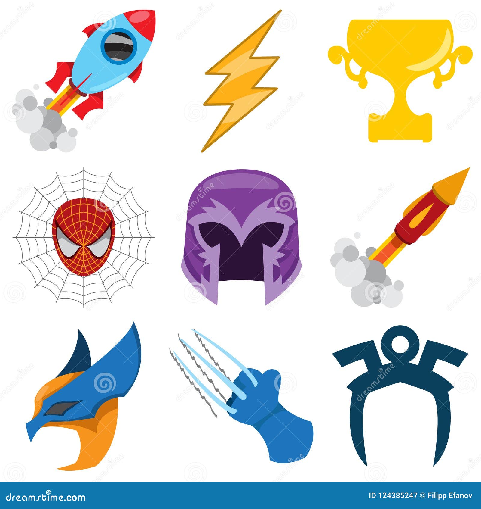 Superheroes Set. Elements of Costumes, Superheroes Items. Stock Vector