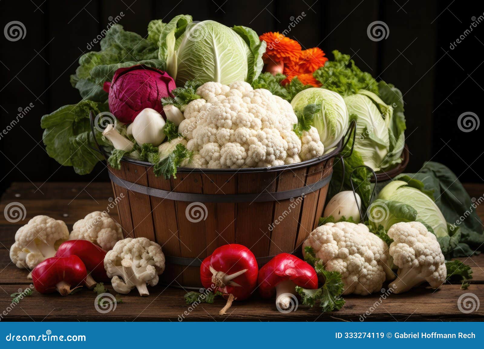 superior view of healthy vegetables such as cauliflower, cabbage and lettu