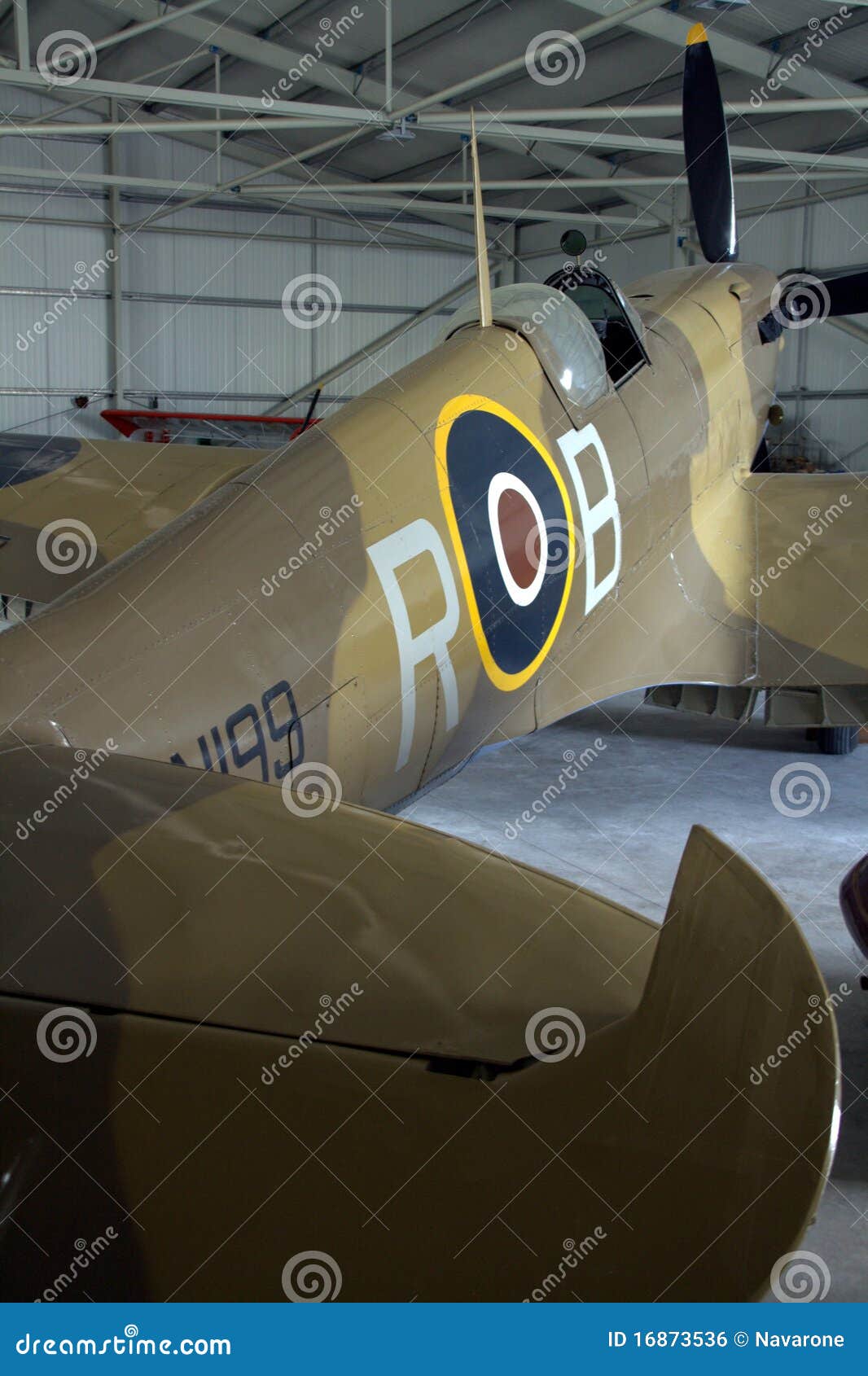 World War 2 Supermarine Spitfire fighter aircraft in hanger.