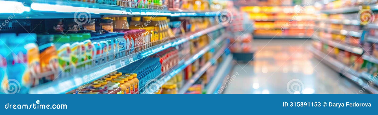 supermarket aisles with colorful products in soft focus background