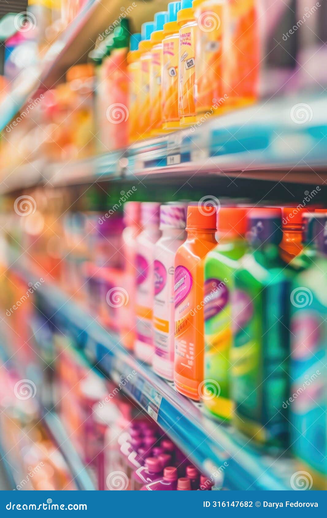 supermarket aisles with colorful products in soft focus background