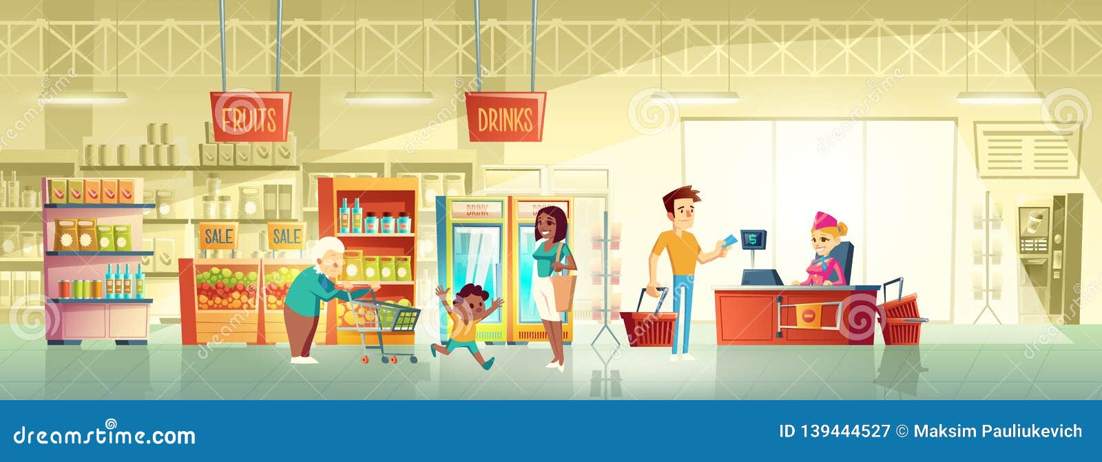 People in Supermarket Interior Cartoon Vector Stock Vector - Illustration  of product, business: 139444527