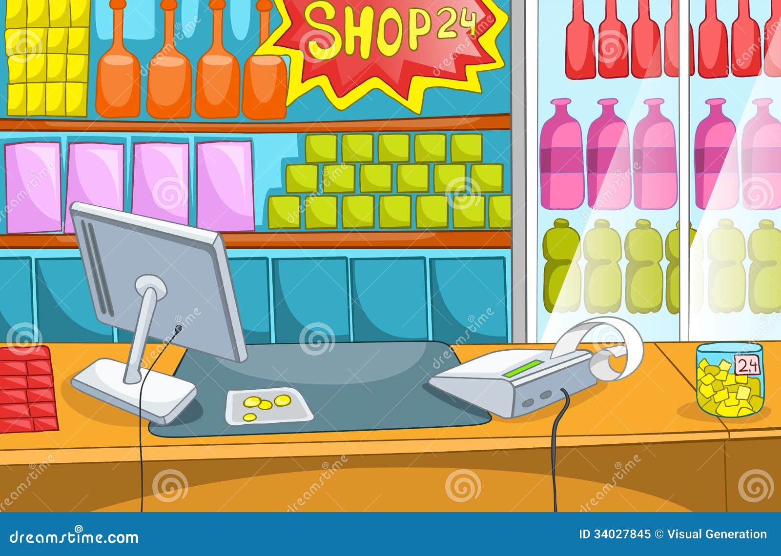 Supermarket with Long Shelfs. Vector Cartoon Background.