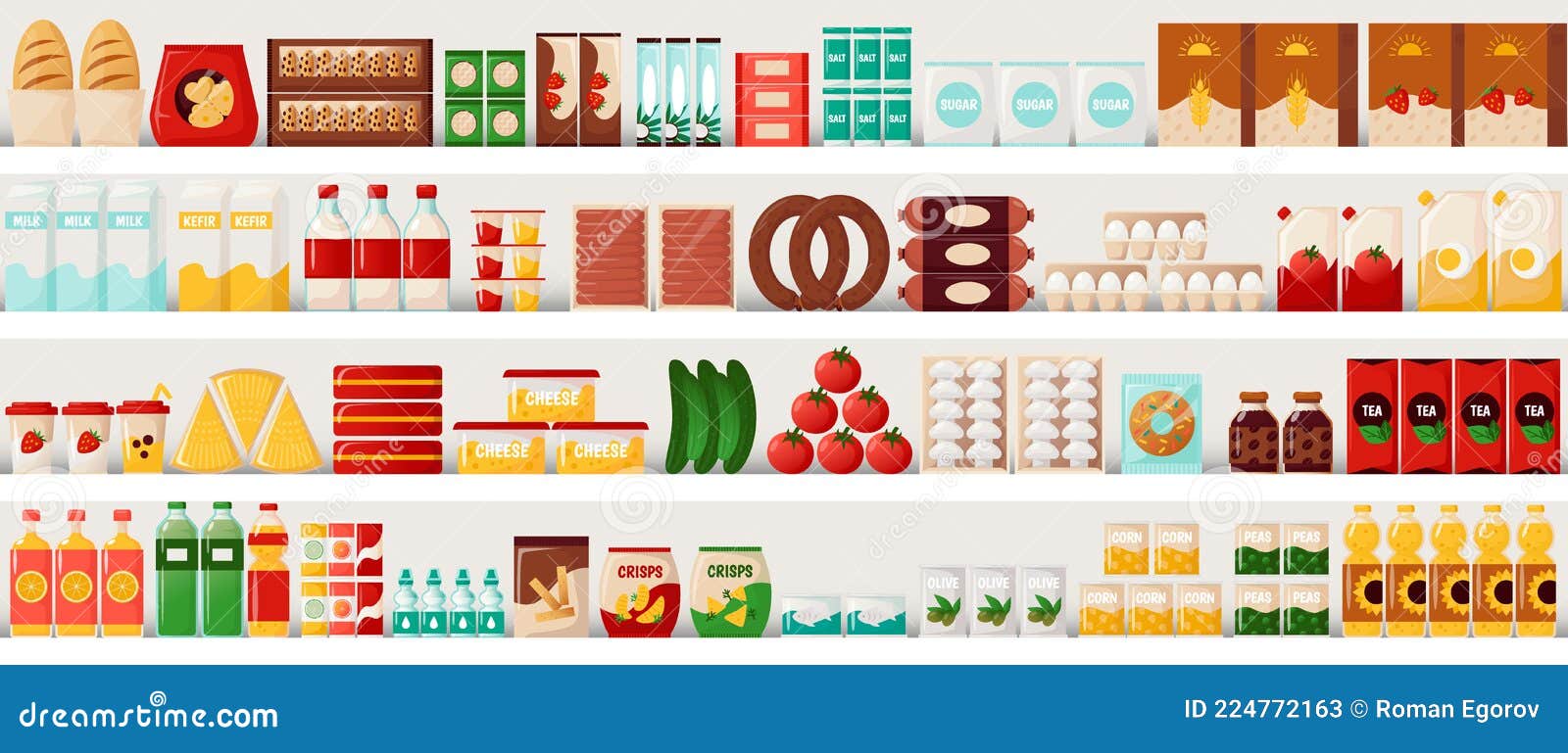 supermarket food. grocery shelves with cereal bread and milk, eggs or pasta. market showcase template. everyday products