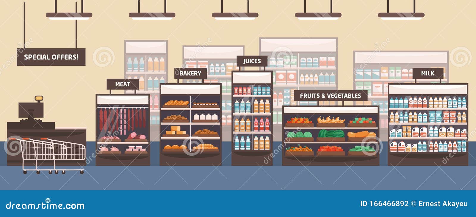 Supermarket Interior Flat Vector Illustration. Grocery Store, Shelves with  Food Products Stock Vector - Illustration of choice, cartoon: 166466892