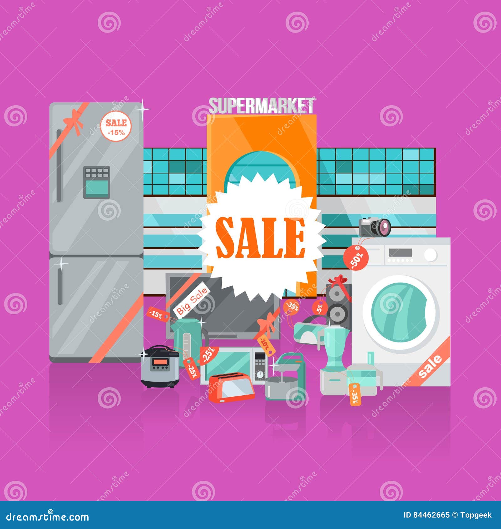 Supermarket Sale Hypermarket In City With Skyline Cartoon Vector ...