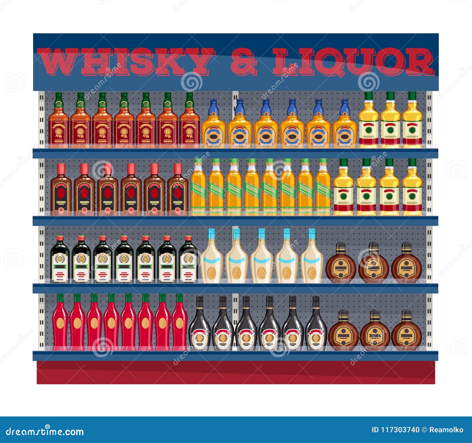 supermarket shelf display with whisky and liquors.